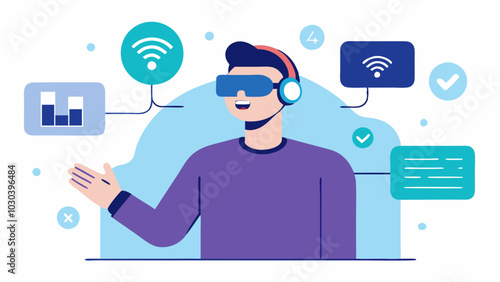 Voice Control Interaction An illustration showing a user with a hearing impairment interacting with a VR environment using voice commands with visualizations depicting the commands