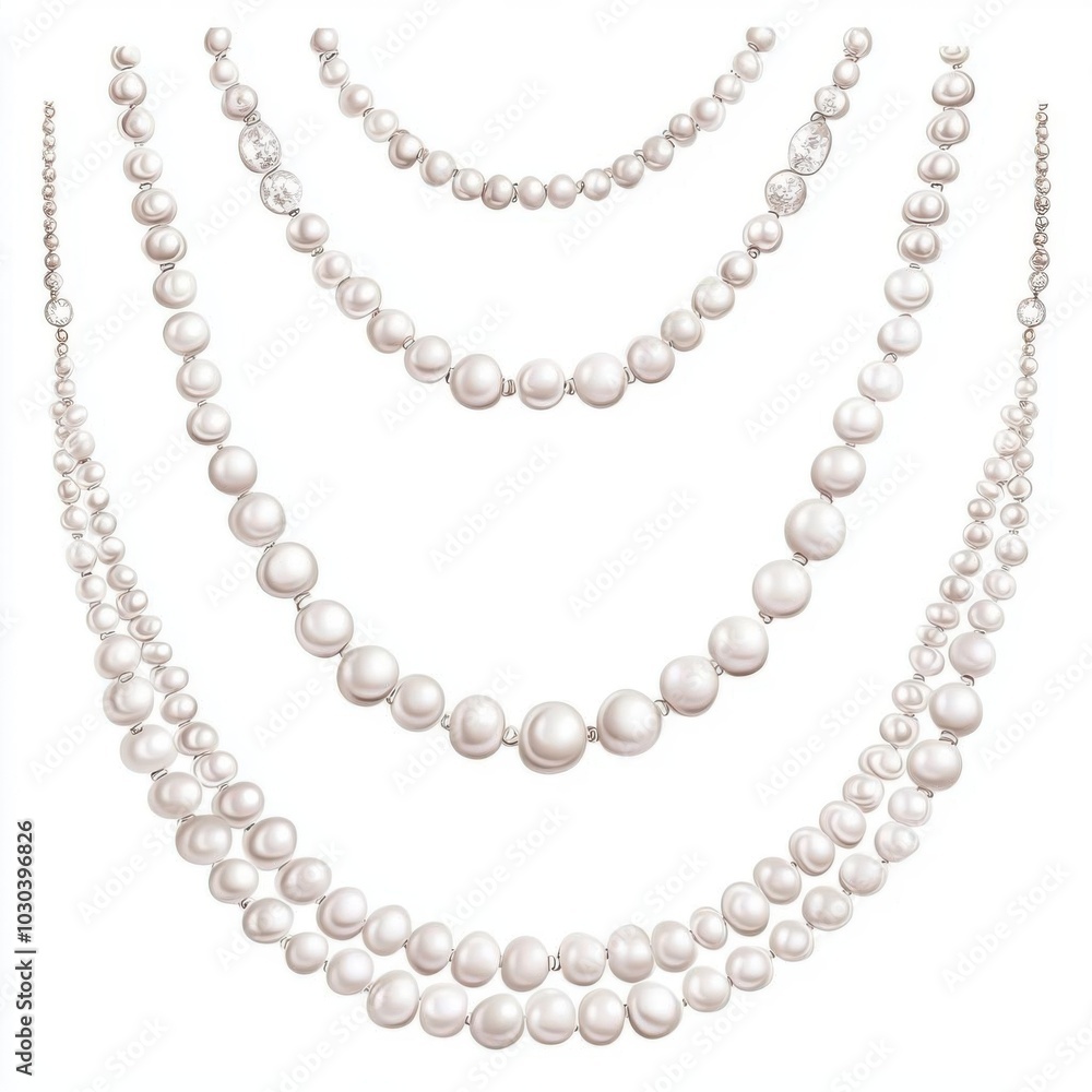 A set of pearl necklaces, classic jewelry, watercolor style, lustrous white pearls, soft shading, delicate chains, isolated on white background, A set of pearl necklaces, classic jewelry, watercolor style, lustrous white pearls, soft shading, delicate chains, isolated on white background,