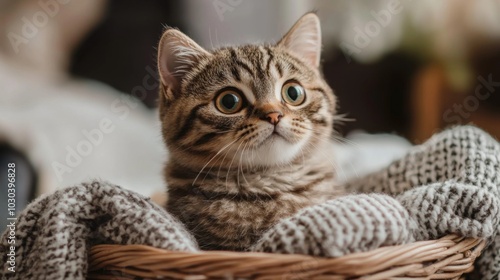 Adorable striped kitten resting in a cozy basket