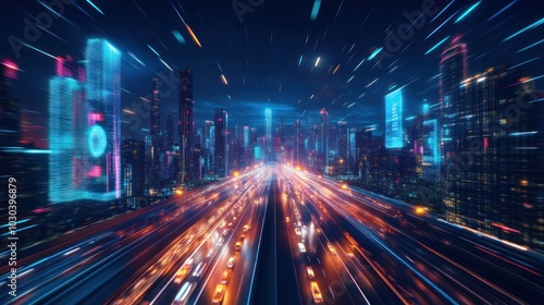 Futuristic Cityscape with Neon Lights and a Highway at Night