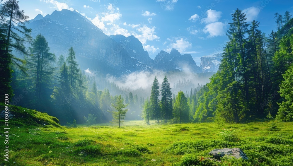 Majestic forest landscape with foggy mountains in the background, morning sunlight creating a misty atmosphere, lush green meadow and tall trees under the blue sky. Majestic forest landscape with foggy mountains in the background, morning sunlight creating a misty atmosphere, lush green meadow and tall trees under the blue sky.