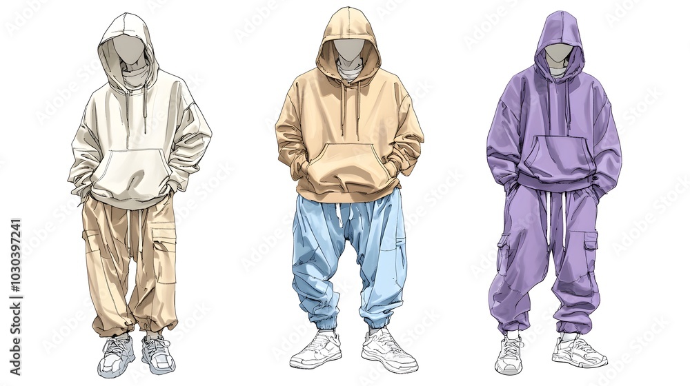 Design drawings of three different men's styles, featuring hoodies and jackets in light colors with baggy pants underneath Design drawings of three different men's styles, featuring hoodies and jackets in light colors with baggy pants underneath