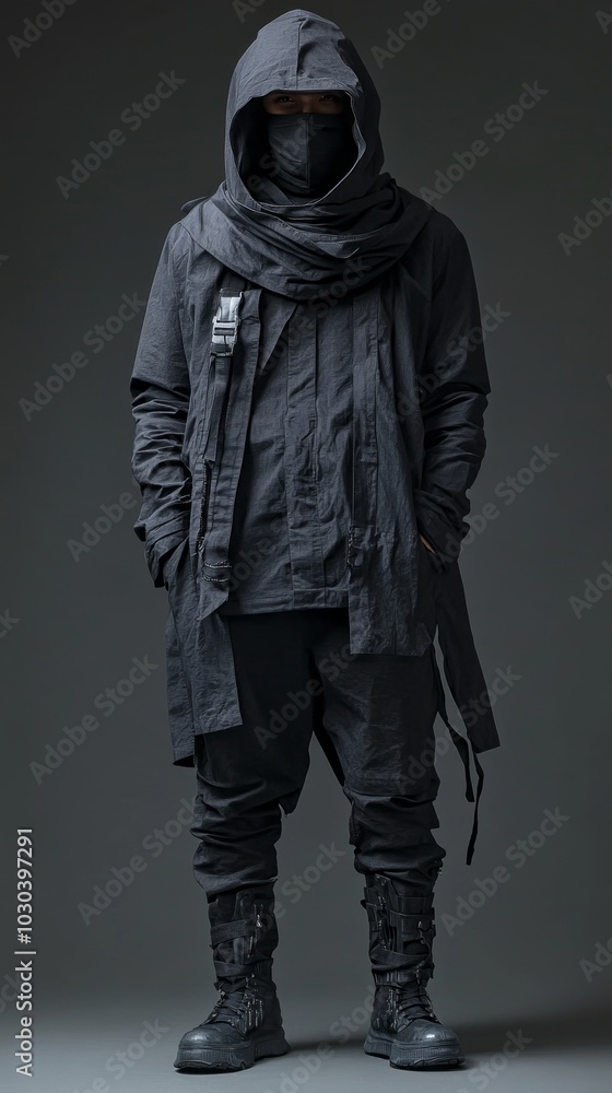 A man in a black hooded jacket and black pants stands in front of a grey background. The man is wearing a black scarf and a black mask. Concept of mystery and darkness, with the man's attire A man in a black hooded jacket and black pants stands in front of a grey background. The man is wearing a black scarf and a black mask. Concept of mystery and darkness, with the man's attire