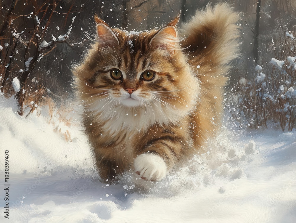 a fluffy cat frolics in a snowy landscape, leaving tiny paw prints in the fresh white powder, surrounded by snow-laden trees, capturing the joy of winter's playful moments a fluffy cat frolics in a snowy landscape, leaving tiny paw prints in the fresh white powder, surrounded by snow-laden trees, capturing the joy of winter's playful moments