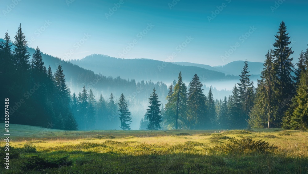 Obraz premium Majestic forest landscape with foggy mountains in the background, morning sunlight creating a misty atmosphere, lush green meadow and tall trees under the blue sky.
