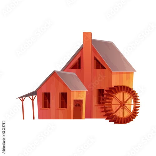 Old wooden water mill house with waterwheel and rural farm barn vector illustration