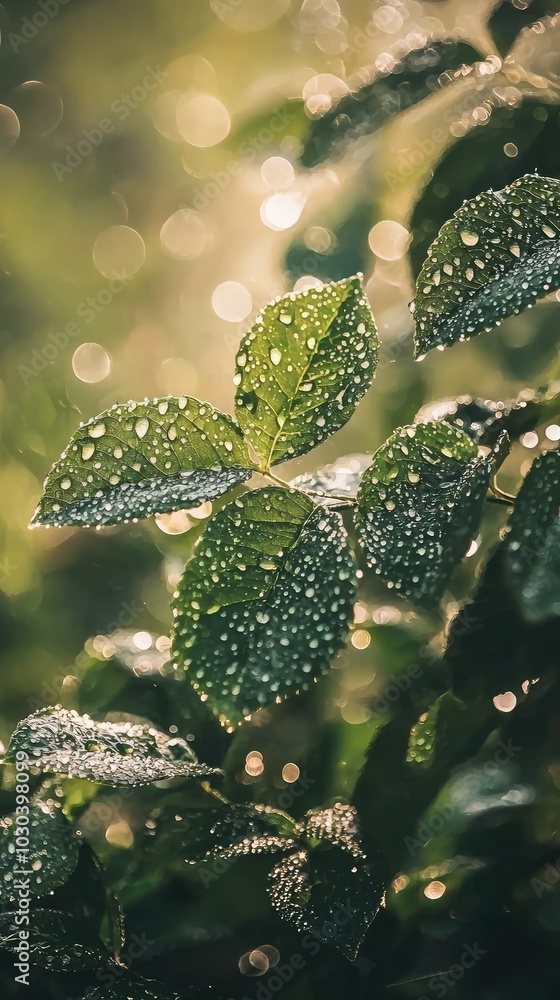 Raindrops on Leaves Illuminated by Sunlight Raindrops on Leaves Illuminated by Sunlight
