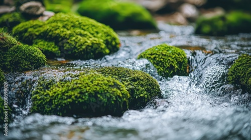 Close-Up of Moss Covered Rocks by Mountain River