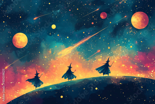 watercolor illustration of witches or fairies or Enchantresses or Sorceress in the space background with stars. moons and planets 	 photo