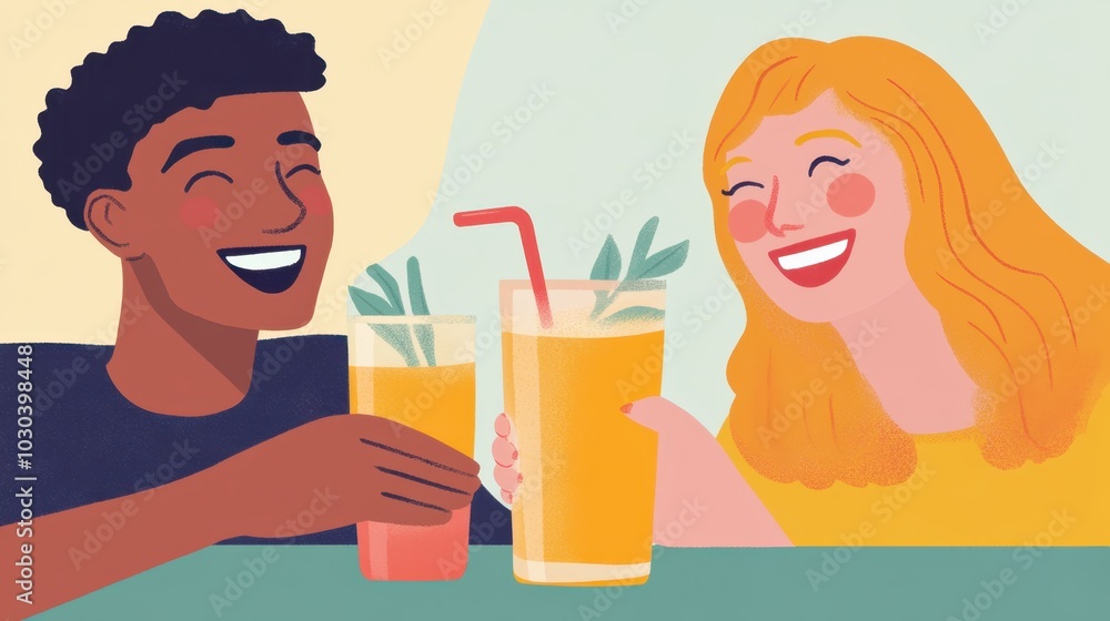 Cheerful Interracial Couple Enjoying Fresh Juice Together Cheerful Interracial Couple Enjoying Fresh Juice Together