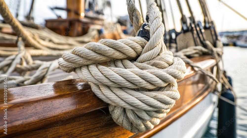 Obraz premium Close-Up of Ropes and Knots on Docked Ship