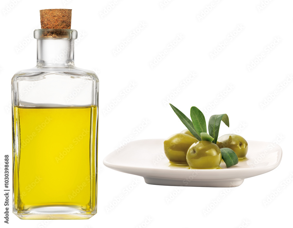 garrafa com azeite e prato com azeitona verde isolado em fundo transparente garrafa com azeite e prato com azeitona verde isolado em fundo transparente