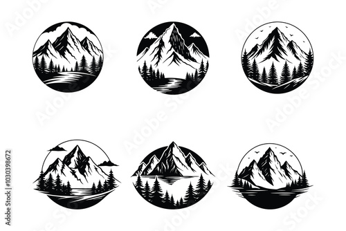 Set of vintage Mountain logo icons, Retro Mountain Designs vector silhouette, mountain Peaks and Ocean Waves vector illustration collection
