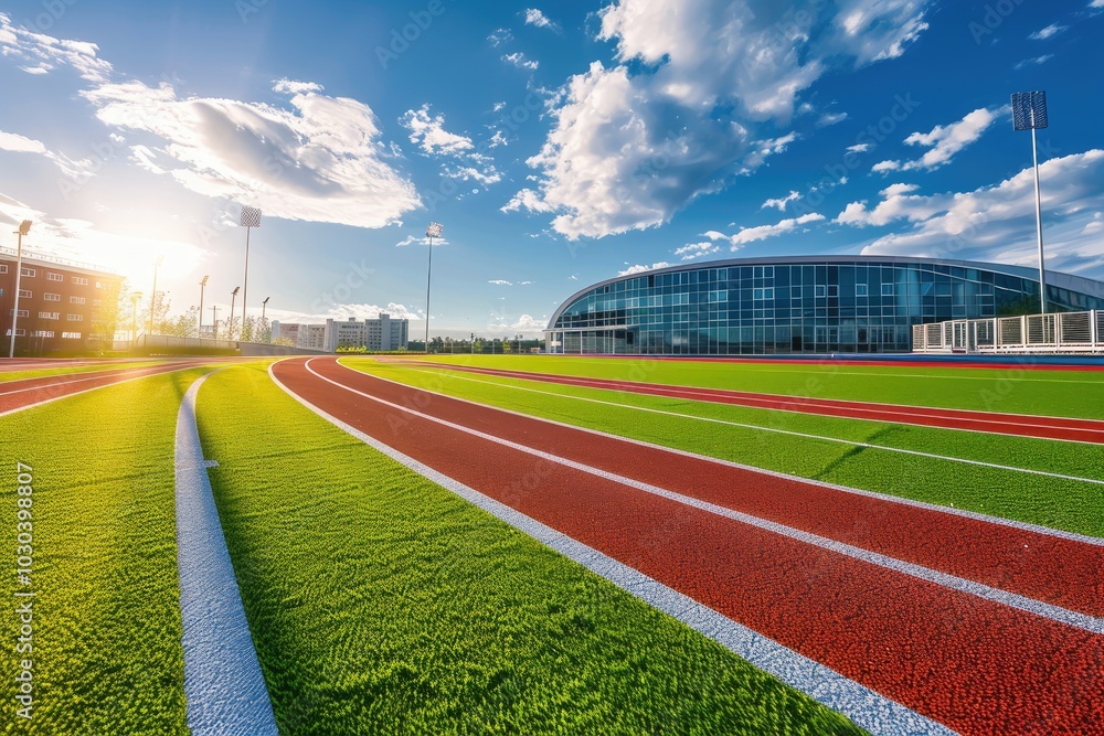 Fototapeta premium modern sports complex with red running track and green grass field, blue sky with clouds, modern architecture building in the background,