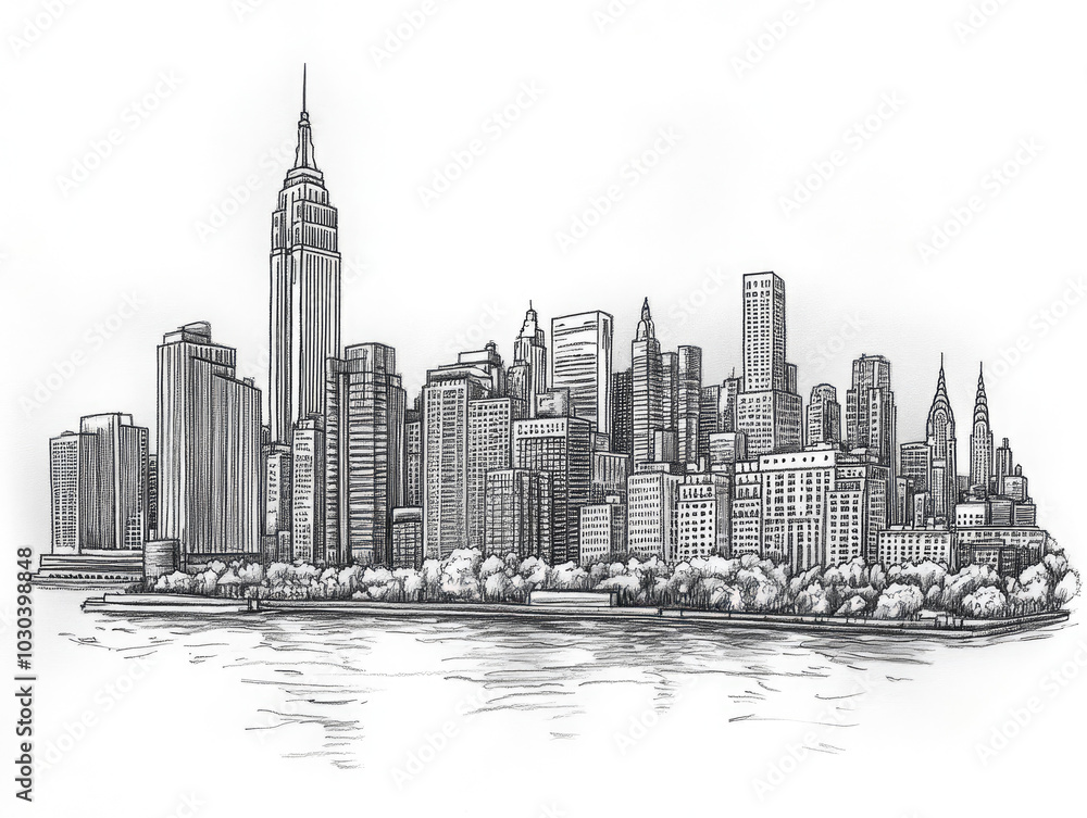 Hand-drawn sketch of New York City skyline with Central Park Hand-drawn sketch of New York City skyline with Central Park