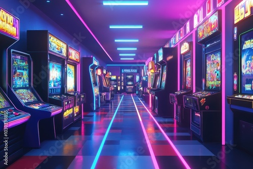 Vibrant Arcade Aisle with Retro Game Machines