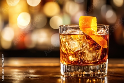 A close up of a whiskey glass with ice, garnished with an orange peel and set on a wooden bar