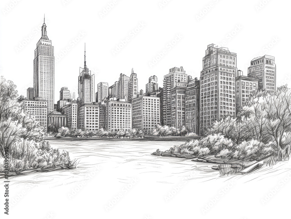 Fototapeta premium Hand-drawn sketch of New York City skyline with Central Park