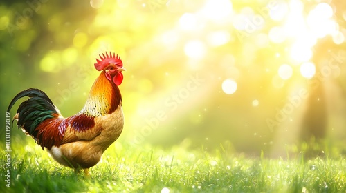 A rooster standing in a sunlit grass field, radiating vibrancy and brightness. The image captures the essence of nature with ample space for text additions.