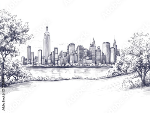 Hand-drawn sketch of New York City skyline with Central Park