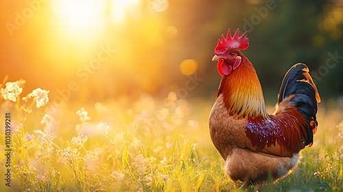 A rooster standing in a sunlit grass field, radiating vibrancy and brightness. The image captures the essence of nature with ample space for text additions.
