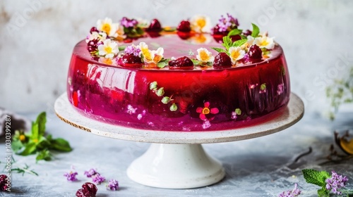 Elegant Floral-Topped Berry Jelly Cake on White Cake Stand