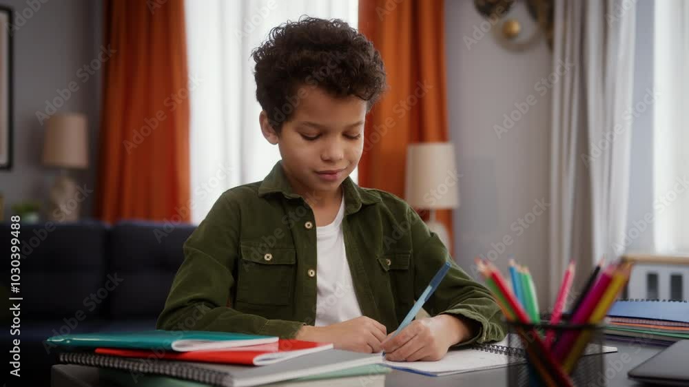 Concentrated little African American boy son kid child pupil schoolboy at home table writing task homework write study distant education learning positive studying learn smiling looking at camera Concentrated little African American boy son kid child pupil schoolboy at home table writing task homework write study distant education learning positive studying learn smiling looking at camera