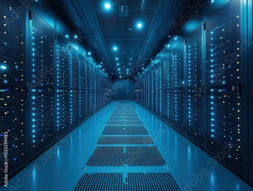 a high-tech data server center, showcasing rows of servers illuminated by soft blue lighting, creating a futuristic atmosphere in the realm of digital hosting and information management