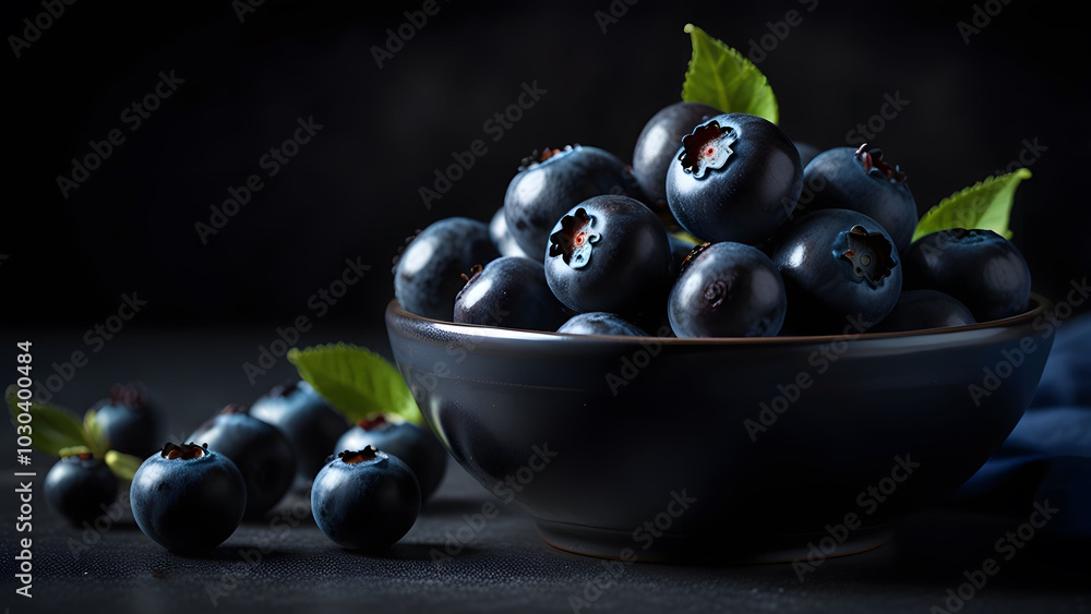 Fresh Blueberries in a Dark Bowl with Green Leaves Fresh Blueberries in a Dark Bowl with Green Leaves