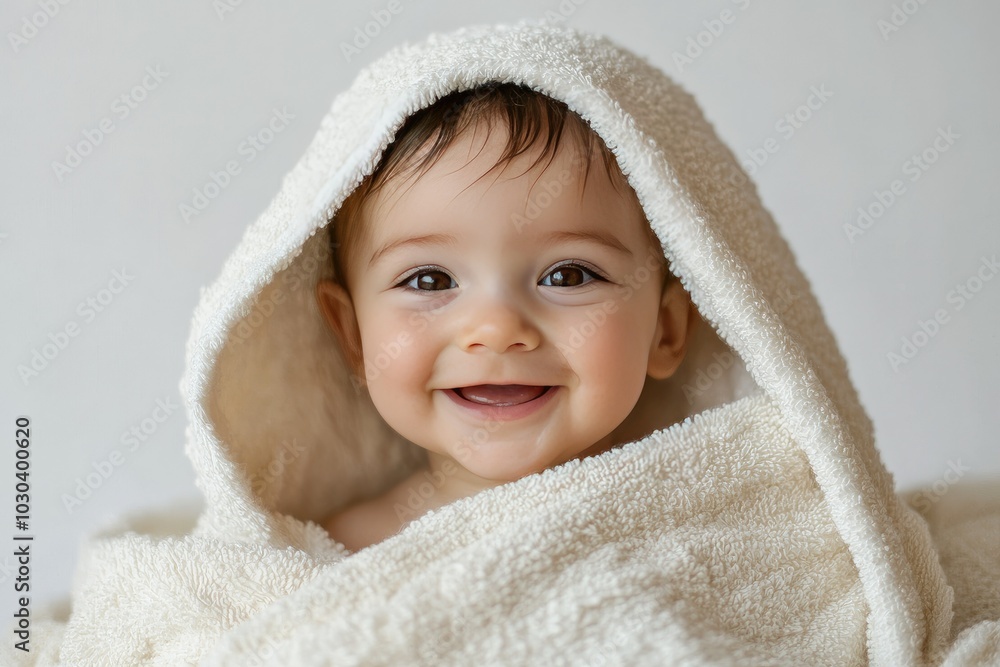 Joyful Baby Smiling in Cozy Towel Joyful Baby Smiling in Cozy Towel