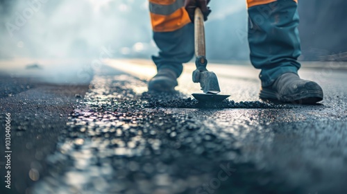 Wracaner working on asphalt road construction, wielding trowel and laying new pavement with steam resin for workwear uniform in highway summer day.