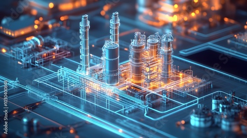 Lifecycle Management – A detailed 3D representation of an industrial asset’s lifecycle, from creation to decommissioning, shown as a timeline with holographic milestones, each stage represented by a c