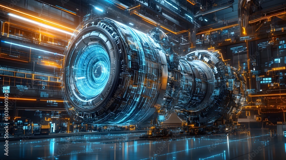 Digital Twin – A hyper-realistic digital twin of a large industrial machine, floating in a virtual space, with data streams and real-time simulation overlays surrounding the twin, demonstrating perfor Digital Twin – A hyper-realistic digital twin of a large industrial machine, floating in a virtual space, with data streams and real-time simulation overlays surrounding the twin, demonstrating perfor