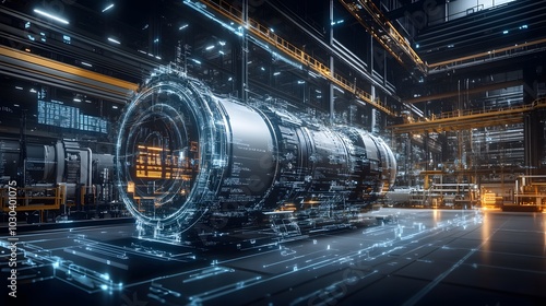 Digital Twin – A hyper-realistic digital twin of a large industrial machine, floating in a virtual space, with data streams and real-time simulation overlays surrounding the twin, demonstrating perfor