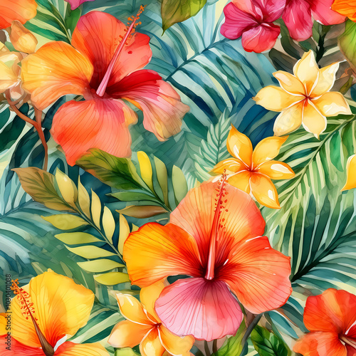 tropical flowers and leaves watercolor pattern, hibiscus, palm, monstera, plumeria 