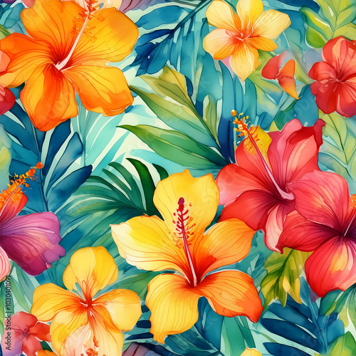 tropical flowers and leaves watercolor pattern, hibiscus, palm, monstera, plumeria 