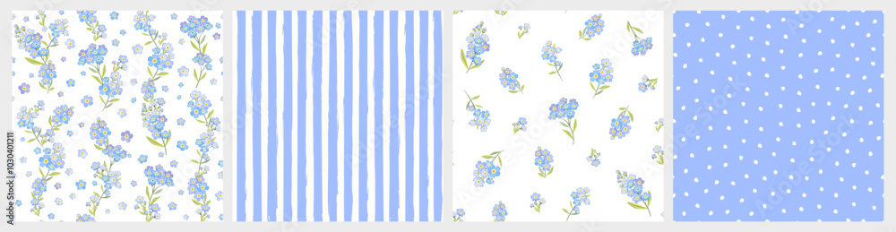 Vector illustration. Set of 4 Seamless patterns in blue tones, forget-me-not flowers, dots, hearts. Flowers, summer, vacation, fabric design, wrapping paper Vector illustration. Set of 4 Seamless patterns in blue tones, forget-me-not flowers, dots, hearts. Flowers, summer, vacation, fabric design, wrapping paper