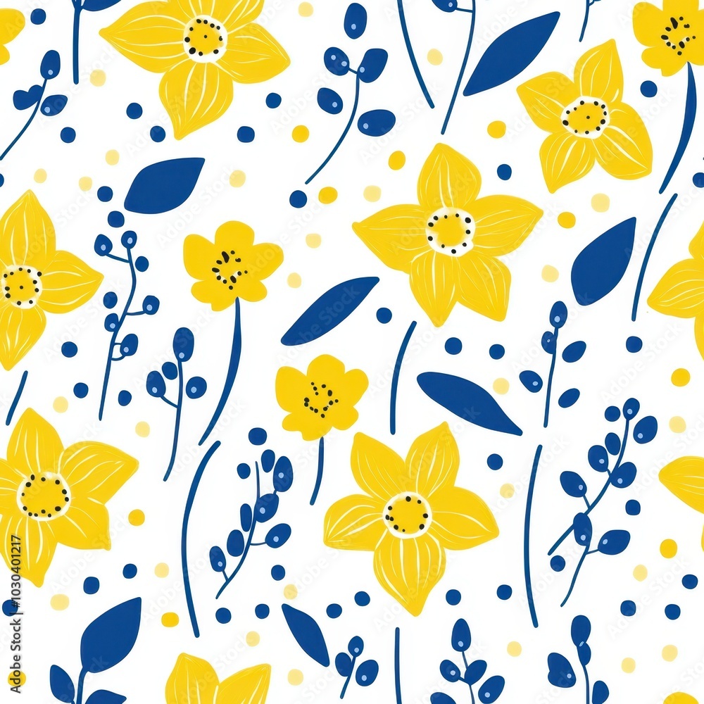 Vibrant Yellow Floral Pattern with Blue Accents for Spring Design Vibrant Yellow Floral Pattern with Blue Accents for Spring Design