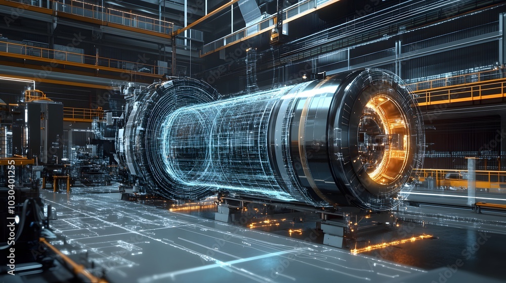 Digital Twin – A hyper-realistic digital twin of a large industrial machine, floating in a virtual space, with data streams and real-time simulation overlays surrounding the twin, demonstrating perfor Digital Twin – A hyper-realistic digital twin of a large industrial machine, floating in a virtual space, with data streams and real-time simulation overlays surrounding the twin, demonstrating perfor