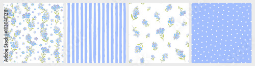 Vector illustration. Set of 4 Seamless patterns in blue tones, forget-me-not flowers, dots, hearts. Flowers, summer, vacation, fabric design, wrapping paper