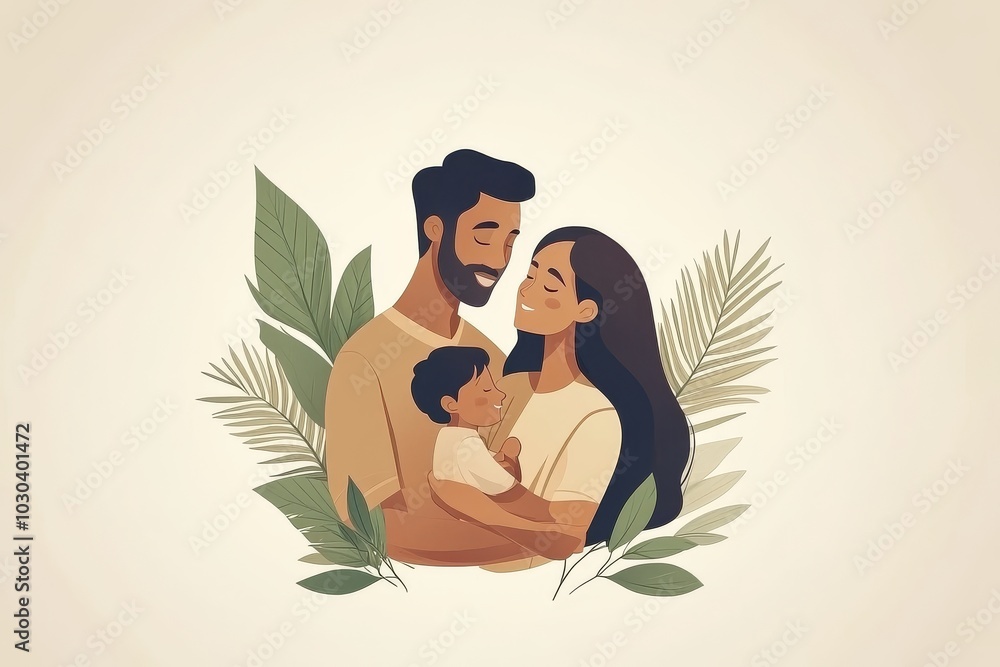 Family portrait of father mother and baby in a nature inspired setting with soft neutral colors symbolizing love unity and parental care in a peaceful minimalist illustration Family portrait of father mother and baby in a nature inspired setting with soft neutral colors symbolizing love unity and parental care in a peaceful minimalist illustration