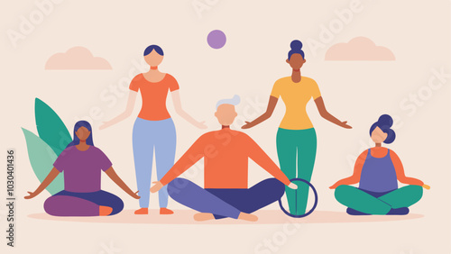 Yoga for Everyone An illustration of a diverse group of people in adaptive yoga poses including a person in a wheelchair and another using yoga props set against a serene