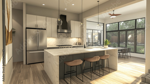 A high-end, contemporary kitchen with a large island, chic bar stools, and gleaming stainless steel appliances, with sleek lighting and a view of the dining area.