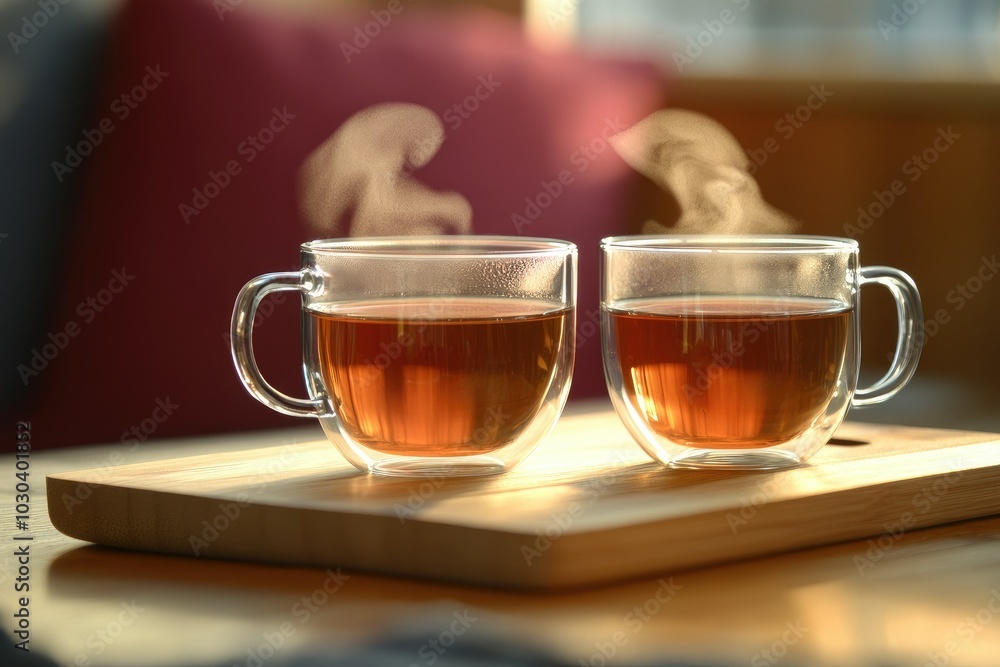 Two Glass Cups of Herbal Tea with Rising Steam Two Glass Cups of Herbal Tea with Rising Steam