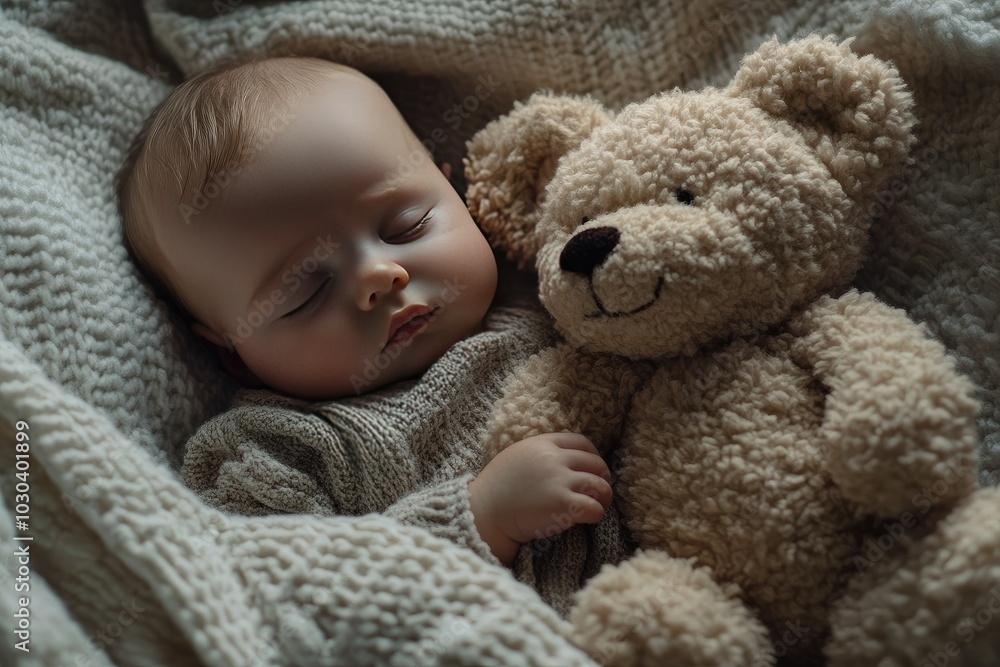 Baby Sleeping with a Soft Teddy Bear in Cozy Blanket Baby Sleeping with a Soft Teddy Bear in Cozy Blanket