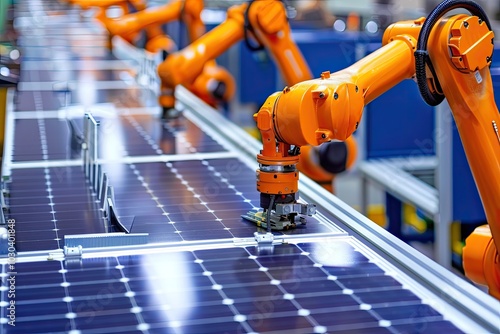 Photo of a solar panel production line with robotic arms in an industrial factory, where robots skillfully build and isolate photovoltaic panels for sustainable energy,