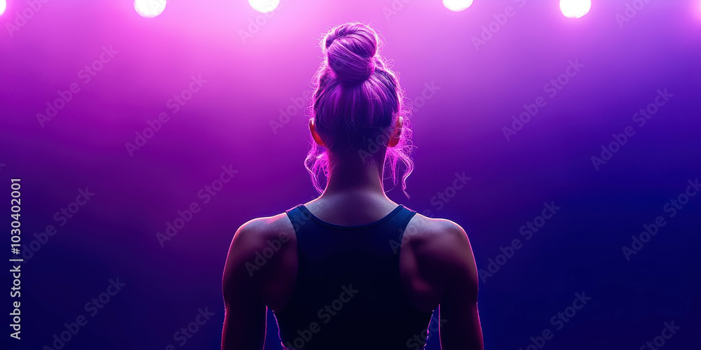 A woman with purple hair stands in front of a purple background A woman with purple hair stands in front of a purple background