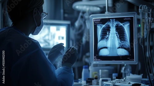 Doctor carefully examines X-ray film of patient's lungs, identifying COVID-19 complications, with medical instruments and charts in the background.