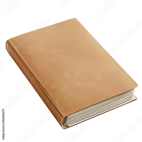 Closed leather bound book with a blank cover is lying down on a white background