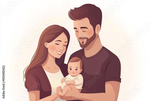 Family portrait of father mother and baby in a soft heartwarming illustration symbolizing love care and family bonds in a gentle neutral toned setting